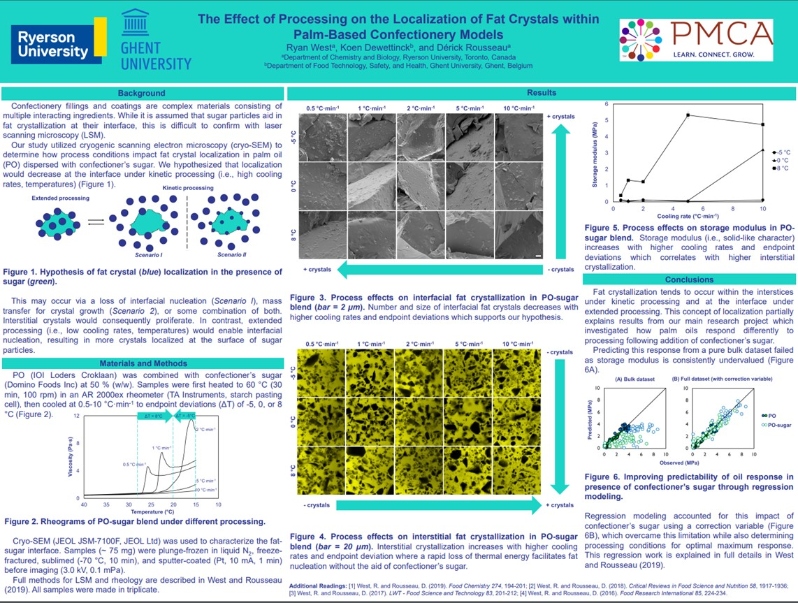 Product Description: Author: Ryan West</br></br>Ryerson University</br></br>PMCA Grant In Aid Recipient 2017-2018</br></br>The relationship between microscopic and macroscopic properties in fat-continuous dispersionsis multifaceted compared to bulk oils, which limits the ability to extrapolate results from bulk systems towards complex formulations. The impact of confectioner’s sugar on the crystallization and rheology of palm oil was investigated in this study. Adding sugar significantly increased elasticity and firmness of the oils while exhibiting increased sensitivity towards processing conditions. Multiple regression analysis was used to create predictive models that correct for the effects caused by confectioner’s sugar, such as altered fat crystal morphology and increased network rigidity, through the binary variable ζ. With limited studies on the use of palm oil in confectionery applications, these models may be used by industry as tools for production that do not rely on anecdote and overcome any shortcomings associated with the extrapolation from bulk systems.</br> 2018-Processing Interactions Palm-Based Confection
