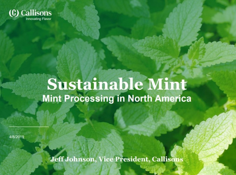 Product Description: Jeff Johnson, Vice President Callisons. Presented at the 2019 conference</br></br>What is mint? When we speak about the commercial varieties of mint grown in North America, we are referring to Peppermint (Mentha piperita), Native Spearmint (Mentha spicata), Scotch Spearmint (Mentha gracilis) and Mentha Arvensis, and their selected sub-cultivars</br> 2019-Sustainable Mint-Slide