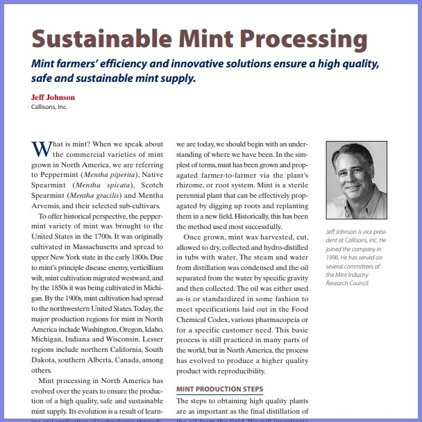 Product Description: Jeff Johnson, Callisons, Inc. Presented at the 2019 conference</br></br>What is mint? When we speak about the commercial varieties of mint grown in North America, we are referring to Peppermint (Mentha piperita), Native Spearmint (Mentha spicata), Scotch Spearmint (Mentha gracilis) and Mentha Arvensis, and their selected sub-cultivars.</br> 2019-Sustainable Mint Processing-Paper
