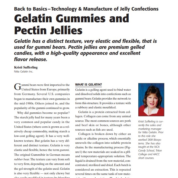 Product Description: Presenter:Kristi Sufferling, Nitta Gelatin Inc.</br></br>Gummi bears were first imported to the United States from Europe, primarily from Germany. Several U.S. companies began to manufacture their own gummies in the mid-1980s. Others joined in, and the popularity of the gummi continued to grow.</br> 2007-starch Jelly Candy
