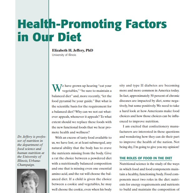 Product Description: Presenter:Elizabeth H. Jeffery, PhD, University of Illinois</br></br>We have grown up hearing “eat your vegetables,”“be sure to maintain a balanced diet” and, more recently,“let the food pyramid be your guide.” But what is the scientific basis for the requirement for a balanced diet? Why can we not eat whatever appeals, whenever it appeals? To what extent should we replace these foods with the new functional foods that we hear promote health and wellness?</br> 2002-Health-Promoting Factors in Our Diet