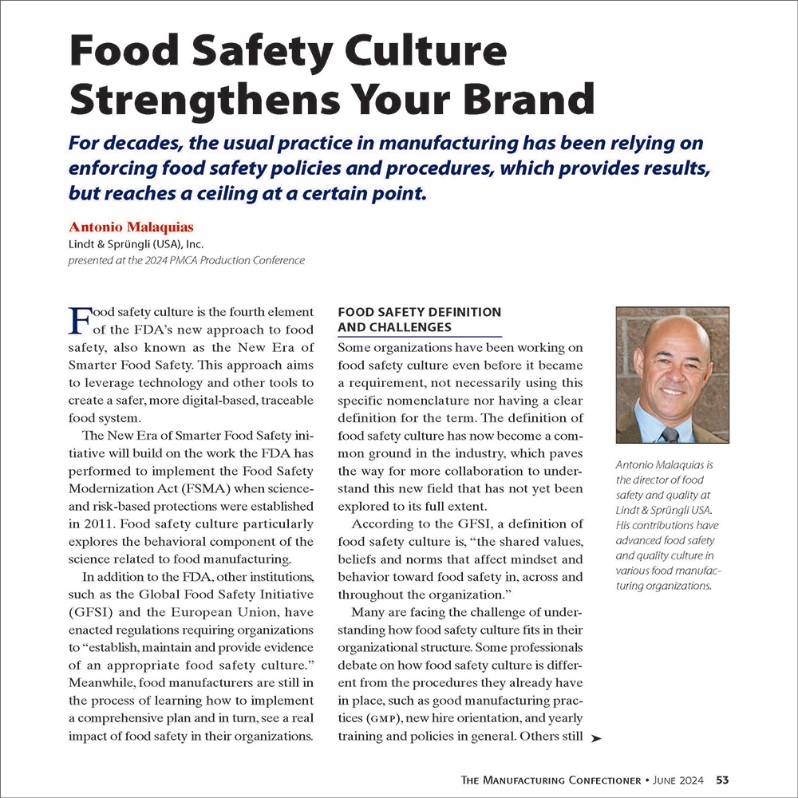 Product Description: Conference 2024 Paper</br></br>Author: Antonio Malaquias, Lindt & Sprüngli USA</br></br>Food safety culture is the fourth element of the FDA’s new approach to food safety, also known as the New Era of Smarter Food Safety. This approach aims to leverage technology and other tools to create a safer, more digital-based, traceable food system.</br> 2024-Food Safety Culture Strengthens Brands-Paper